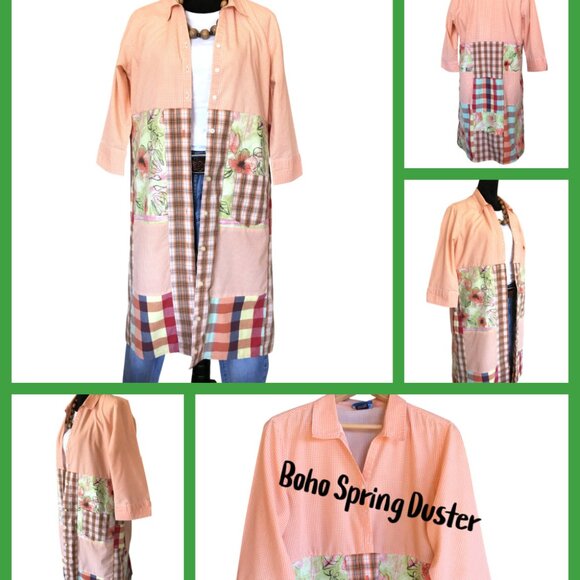 Patchwork Duster, Size L: Upcycled Boho Button-Down Dress, Orange Gingham - Picture 14 of 14
